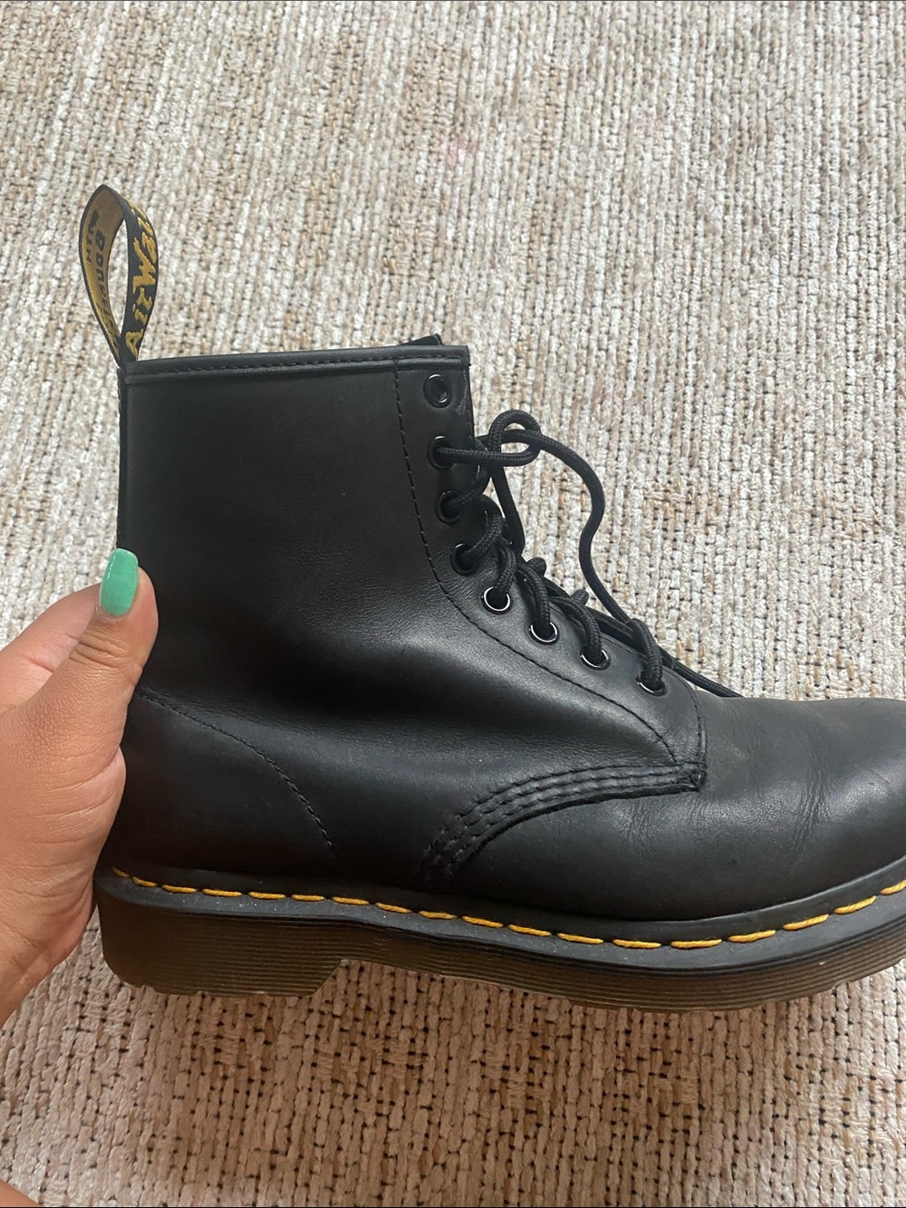 Dr. Martens Black Leather 8-Eye Boot with Yellow Stitching